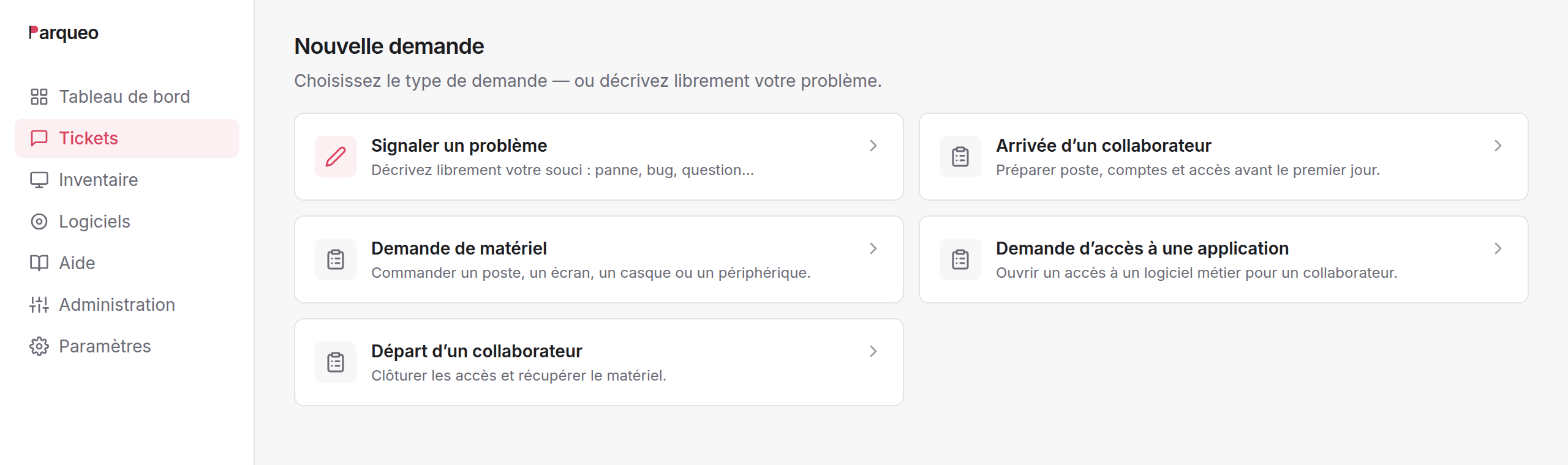 Catalogue de demandes : la demande libre puis les formulaires publiés.