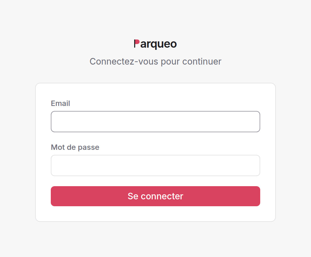 Écran de connexion de Parqueo : champs email et mot de passe.
