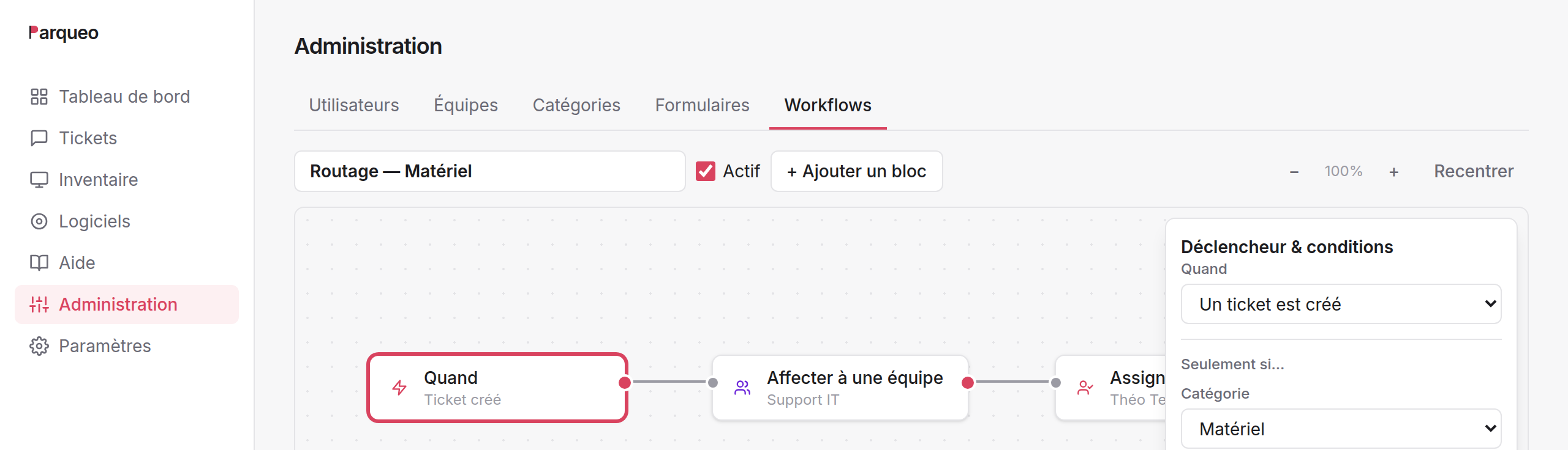 Éditeur de workflow : les six blocs de la procédure « Incident réseau » reliés par des fils, avec les deux sorties oui/non de la condition.