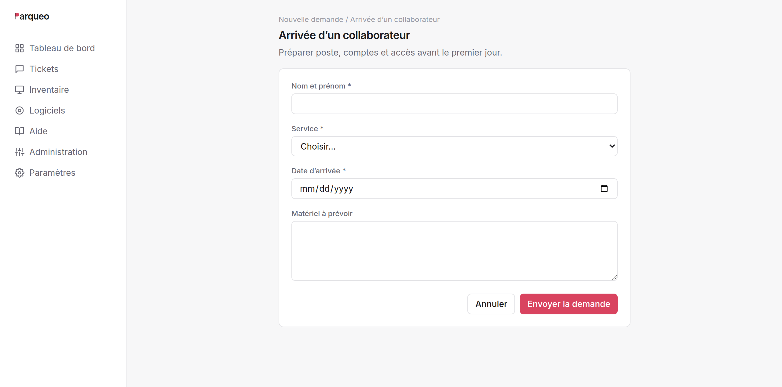Formulaire « Demande d'accès à une application » avec ses champs guidés.