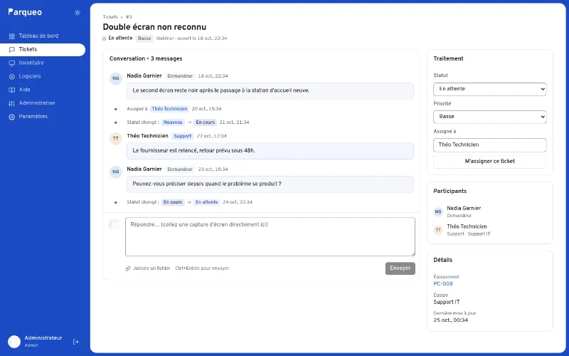 Détail d'un ticket en attente : conversation, journal, statut, priorité et assignation.
