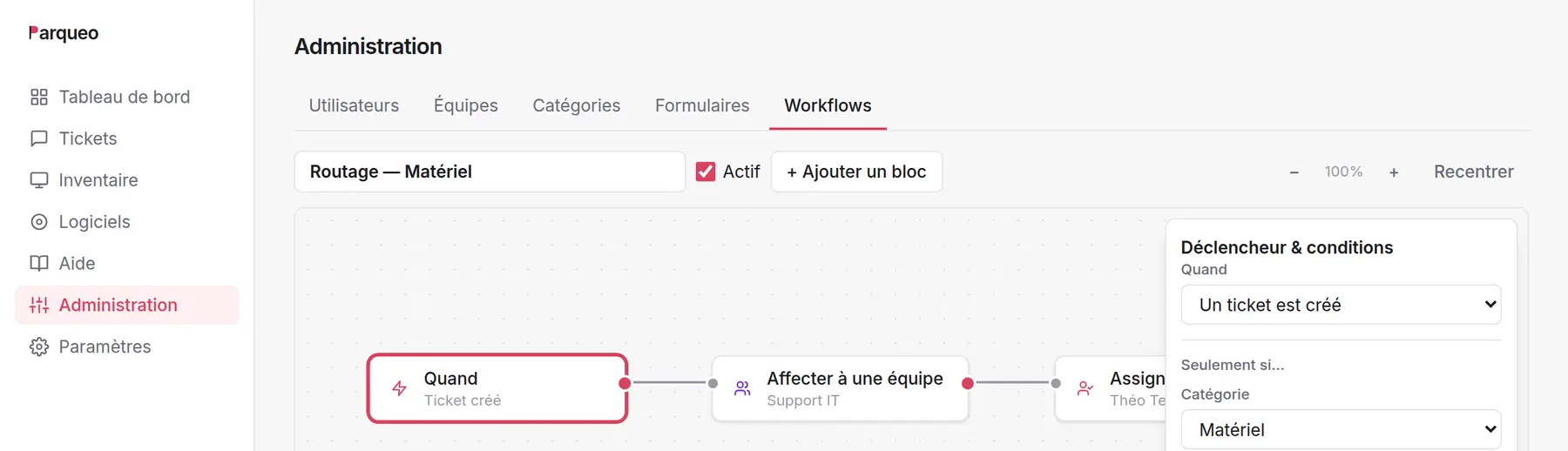 Éditeur de workflow de Parqueo : des blocs de déclencheur, d'action et de condition posés sur une grille et reliés par des fils, avec le panneau de réglages du bloc sélectionné.